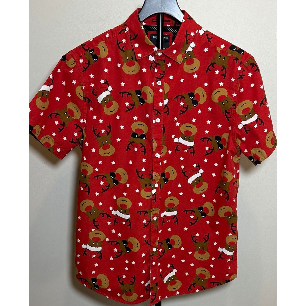 Denim & Flower Ricky Singh Men's M Woven Cotton Reindeer Holiday Button-Up EUC